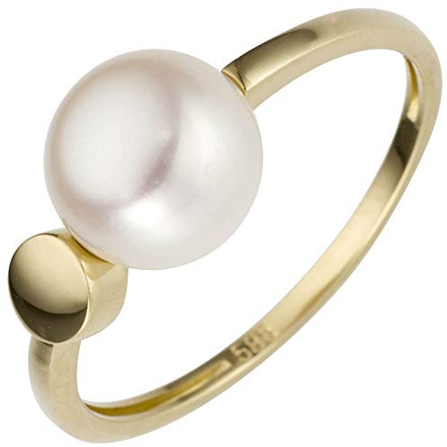 Ring aus 585 Gold Gelbgold mit Süßwasser Perle weiß Perlenring Fingerring Damen, Ringgröße:Innenumfang 56mm ~ Ø17.8mm