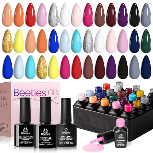 Beetles 20 Farben UV Gel Nagellack Set - mit Überlack Unterlack, Schwarz Weißer Glitzer Natürlicher Gellack für Nagel, Nail Art Starter Weihnachts Nagellack für Frauen