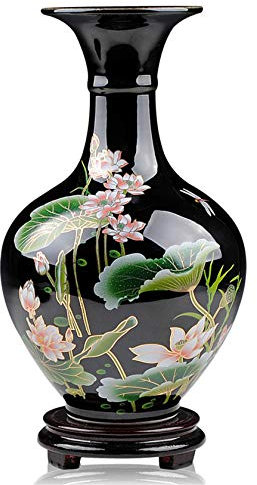 Comsnows Dekorative Vase im chinesischen Stil, klassische Keramik-Vasen für Kunst, Heimdekoration, chinesische Retro-Porzellan-Keramik-Vase mit Sockel, Lotusblumen-Gemälde, schwarz