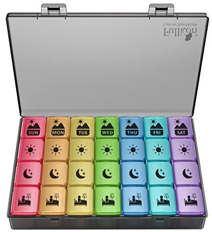 Extra Large Weekly Pill Organizer 4 Times a Day, Fullicon XXL Large Pill Box, 7 Day Medicine Organizer, Black Pill case for Vitamin/Fish Oil/Supplements