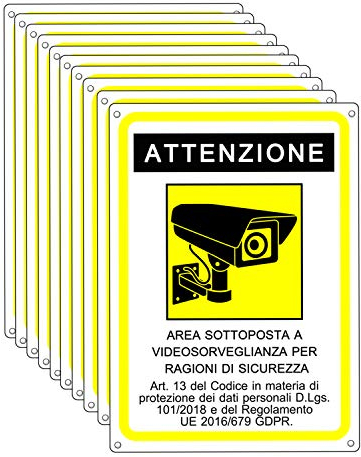 Cartello area videosorvegliata - Cartelli videosorveglianza per negozio e proprietà privata con avviso GDPR - plastica 20x15 cm (10 Pezzi)