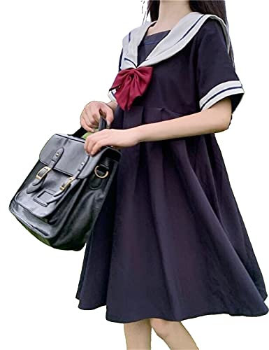 Mfacl Nette Lolita Kleid Rock Sommerkleider Japanische Stil Matrosenkragen Mädchen Kleider Weibliche Süßigkeiten Bogen Prinzessin Kleid Cosplay Kostüm (Color : Black Short Sleeves, Size : S)