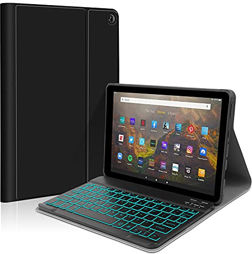 JUQITECH Backlit Keyboard Case for Amazon Kindle Fire HD 10/10 Plus 10.1 Inch 2021 11th Generation - Wireless Magnetic Detachable Keyboard Thin Slim Soft Smart Folio Stand Tablet Cover Case, Black