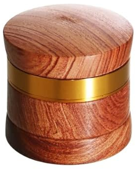 Grinder Kräutermühle aus Holz von Heisenberg, 4-lagig, Durchmesser ca. 6 cm, zum Zerkleinern von Pflanzen, mit goldfarbenem Metallring