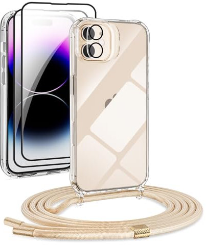 [5 in 1] 1*Handyband Set für iPhone 12 Mini Hülle mit Band + 1*Transparent Schutzhülle+2*Schutzfolie+1*kameraschutz Glas, Abnehmbar Necklace Stylische Handyhülle zum Umhängen Kordel Case (Gold)