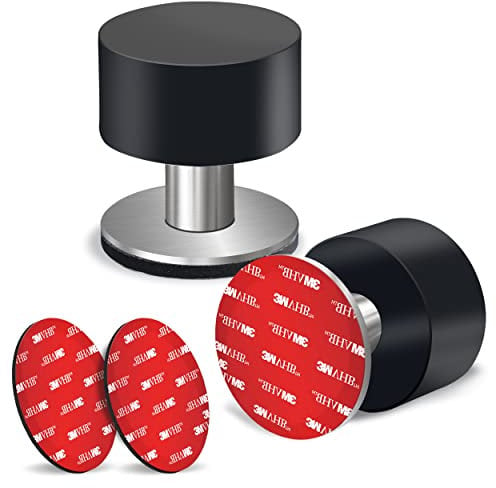 Door Stoppers Stop with Extra Stickers, Self-Adhesive Door Stops with Black Rubber Bumper & Stainless Steel Body - Heavy Duty Door Knob Wall Protector Sound Dampening for Home & Office Use