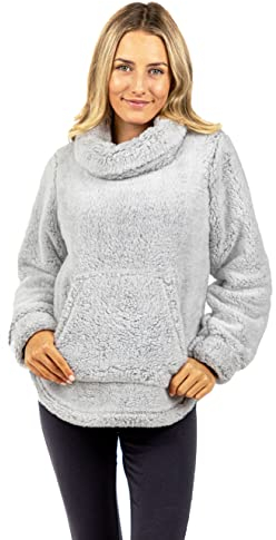 TURTLE Womens Grey Fleece Lounge Top Snuggle Top Warm Jacket Jumper Cowl Neck (M = UK 12-14)