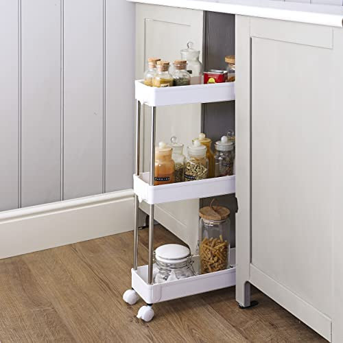 Multi-Purpose Storage Cart – 3 Tier Portable Slimline Shelving Trolley Unit on Wheels for Kitchen, Bathroom, Bedroom or Utility Room – Measures H62 x W40 x D13cm, Store Food, Cleaning Products & More