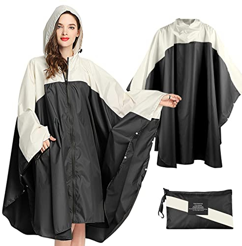 SOPPY Poncho de pluie léger et imperméable pour homme et femme, coupe-vent, réutilisable, Ripstop respirant avec capuche pour activités de plein air, séchage rapide, taille unique, noir&blanc, L-XL
