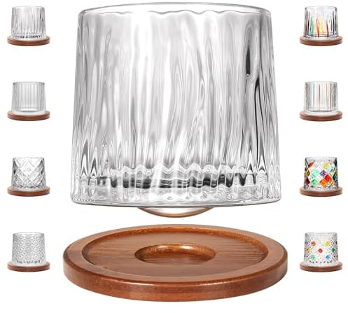 Uten Drehbare Trinkgläser Wassergläser, Whisky Gläser 275 ml/ 10 oz, Bambus Untersetzer, als Cocktailbecher, Kaffeetasse, zum Entspannen, Geschenkidee, 1 pcs, Stehaufmännchen Gläser