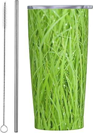 BOHHO Vasos aislados de 20 Oz, taza de viaje con tapa y paja, vaso de campo de trigo verde para coche, taza de café de viaje reutilizable para bebida fría y caliente