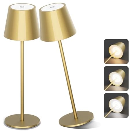 Aipsun 2 Stück dimmbare led akku tischleuchte Gold, 6000mAh, Tischlampe Kabellos, Warmweiß(2700k-6000k), IP54,Outdoor Tischlampe für Restaurant, Schlafzimmer, Bar