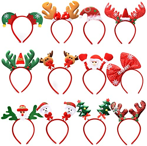 Unning 12 Stück Weihnachten Stirnbänder Weihnachten Haarreifen Weihnachten Baum Rentiergeweih Weihnachten Haarband Weihnachts Kopfschmuck Christmas Party Favors