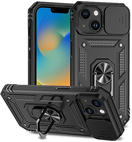 Hitaoyou iPhone 15 Case with Camera Cover & Kickstand, Military Grade Shockproof Heavy Duty Protective Case with Magnetic Car Mount Holder for iPhone 15 Black