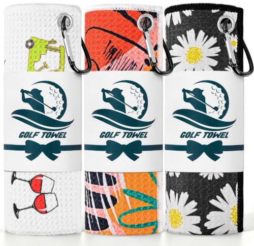 FINGER TEN Golf Towels with Clip 16X16 3 Pack (Black+White+Orange)