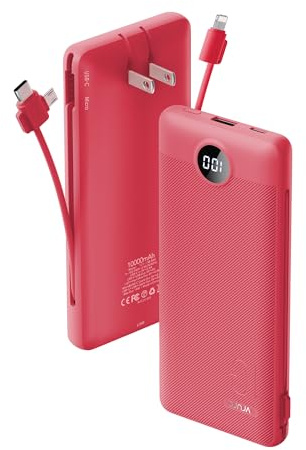 Portable Charger Built-in Cables and AC Wall Plug, VRURC USB C Power Bank 10000mAh, Travel Battery Portable Phone Charger Compact Lightweight External Battery Pack for SmartPhones,Tablets-Viva Magenta