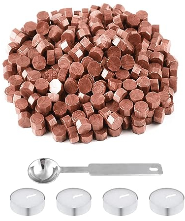 ChAusa Set mit 200 Siegelwachsperlen in Graue Rose, Achteckige Siegelwachsperlen für Versiegelung Dekoration von Briefe Umschlag, Einladungen, Karten, Geschenk, Mit 1 Schmelzlöffel, 4 Kerzen