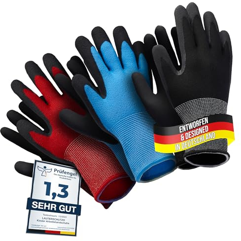 LAUTER SCHUTZ ® für Kinder: 3 Paar Arbeitshandschuhe (mit Handflächenbeschichtung) aus dehnbarem Gewebe, für Gartenarbeit und mehr (Größe L (8-12 Jahre))