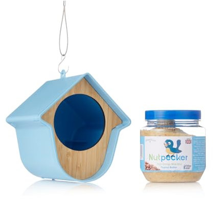 Grumpy Gardener Hanging Bird Feeder House with Peanut Butter Bird Food in 330 Grams Jar, Nutpecker Fancy Feeding Station for Wild Birds (Blue)