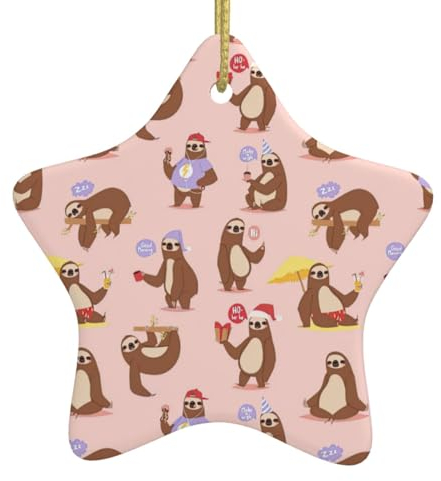 Niedlicher Faultier-Druck, Weihnachtsbaumschmuck, Weihnachtsstern, Keramik, hängende Ornamente, Partyzubehör