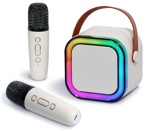 Small Portable Bluetooth Microphone Karaoke Speaker, Built-in Dynamic LED Lights, with 2 Wireless Microphone, for Kids Adult Family, Outdoor, Campfire, Party Gift