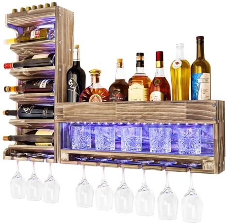 Yorbay Étagère à vin avec lumière LED palette en bois flammé, bar mural avec support en liège, pour verres à vin, verres à whisky, porte-bouteilles, bar domestique, vintage, cadeau