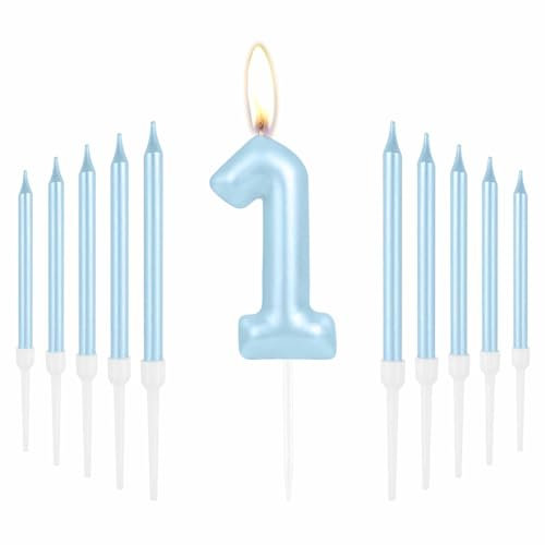 Happy 1st Birthday Candles, Blue Long Stick Candles, Number 1 Candle, Birthday Candles for Cake, Candles Cake Cupcake Toppers for Boy Baby First Birthday Party 1st Wedding Anniversary Decorations