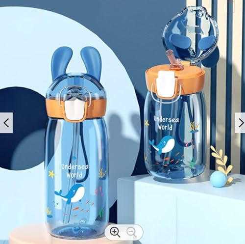 Horniou-Bouteille d'eau-Gourde enfant en Tritan et sans BPA- avec Paille et sangle(en forme lapin mignon)-400ML- pour lmaternelle-primaire-sport-(Bleu)