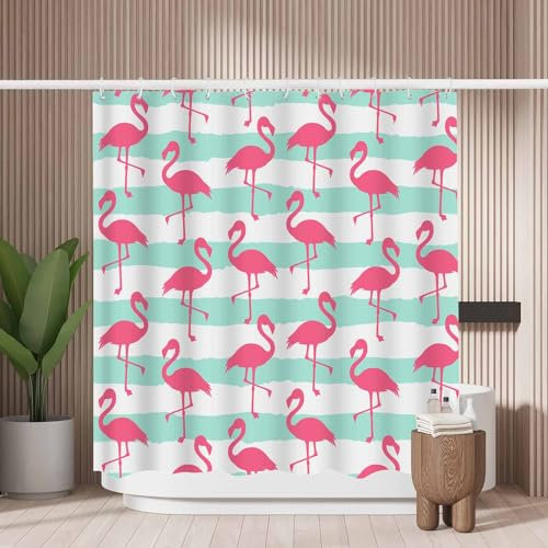 Woutay Shower Curtain Mould Proof Resistant Pink Flamingo,Water Repellant Fabric,Polyester,with 12 Plastic Hooks,Size 180x180CM