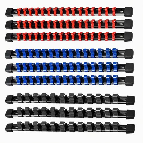 ACEBON Tools Socket Organizers, 9 Piece Socket Holder Kit, 1/4 inch, 3/8 inch & 1/2 inch Drive, Portable Socket Clip Rail Holder, Holds 129 Sockets