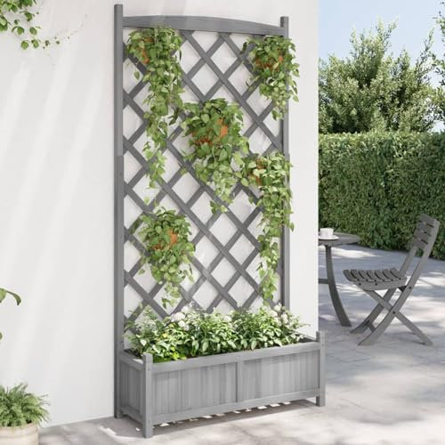 LAPOOH Jardinière avec Treillis Gris Bois Massif de Sapin,Jardiniere sur Pieds,Bac avec Treillis,Jardiniere Terrasse