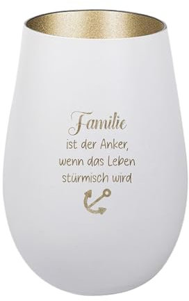 Der-Porzellan-Laden Windlicht mit Gravur Familie ist der Anker, Weiß Gold, Teelichthalter aus Glas mit Spruch, Tischdeko modern