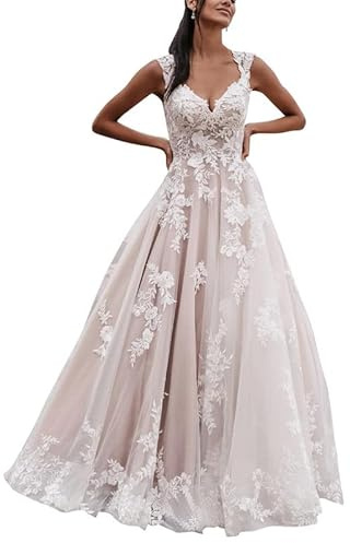 SEVENYXX Damen Brautkleid Lang A-Linie Standesamt Hochzeitskleid Prinzessin Spitzen Brautmode Kleid, White, 34