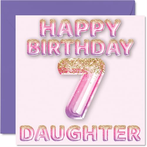 7th Birthday Card for Daughter, Pink & Purple Glitter Balloons | Happy Birthday Cards for 7 Year Old Daughter from Mum or Dad Mummy Daddy Parents, 145mm Bday Greeting Cards Gift