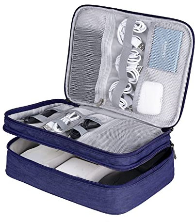 LENTION Cable Organiser Bag Travel Electronic Accessories Organiser Double Layers All-in-One Storage Pouch for Charger, USB Cables, Power Bank, Earphone (Blue)