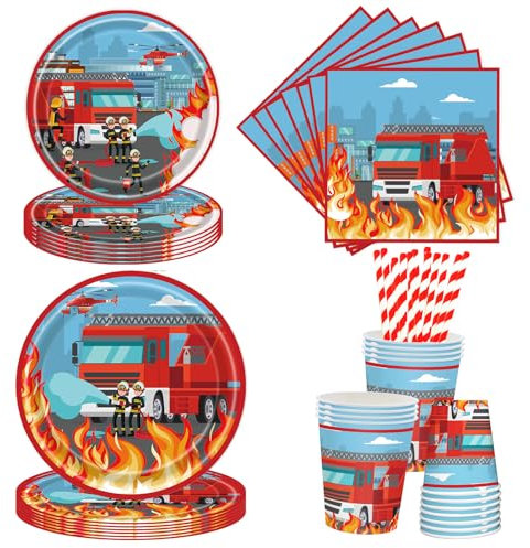 Aitsite Lot de 50 assiettes de fête d'anniversaire pour 10 invités Motif pompier