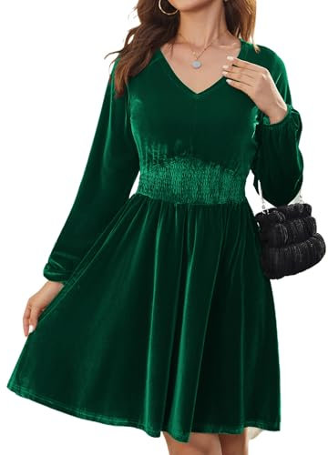 Zeagoo Abito da Donna in Velluto Abito da Cocktail Formale Abiti Eleganti Vintage Scollo A V Abito da Sera A Maniche Lunghe Abito da Festa al Ginocchio Mini Abiti da Ballo Verde Scuro S