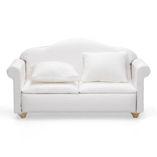 Odoria Puppenhaus Sofa Couch Miniatur: 1/12 Maßstab Liebesbank für Wohnzimmer Schlafzimmer Modern - Mini Möbel Mit Kissen Weiß