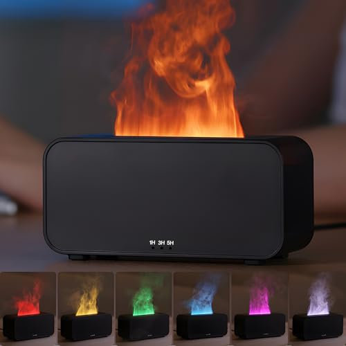 Holwim Aroma Diffuser mit 7 Farbe Flammen, Duftöl Diffusor für Ätherische Öle mit RGB Flammeneffekt Variation, 120ml Luftbefeuchter Humidifier mit, 4 Timer, Wasserlose Abschaltautomatik (Schwarz)