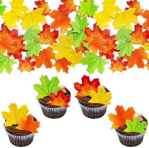 Gyufise 50Pcs Edible Fall Leaves Cupcake Toppers Gold Leaf Cake Toppers Autumn Maple Leaves Wafer Rice Paper Cake Decorations for Thanksgiving Wedding Birthday Party Cake Decorations Multi