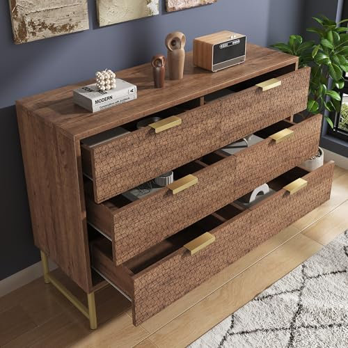 Zravenna Komodenschrank für Schlafzimmer mit 6 Schubladen, Geprägte Struktur-Kommode Wohnzimmer, Sideboard Flur mit Metallgriffen, Kippsicher, 120 x 40 x 75 cm, Nussbaum