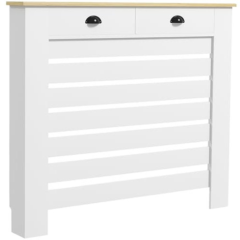 HOMCOM Couvercle de radiateur, cache radiateur, grille à lattes horizontales, avec 2 tiroirs, pour salon, chambre à coucher, couloir, en bois, 111 x 19 x 95,5 cm, blanc