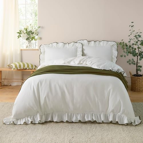 Wylder Blousey Baumwolle Bettwäsche-Set mit Rüschen – Luxus Bettbezug mit Volant (Oliv – Super King, 260 x 220 cm)