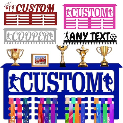 Xiuyours Blau Personalisierter Medaillenhalter mit Namen Regal, individueller Aufhänger, Display für Auszeichnungen, Bänder, Wand, Gymnastik, Läufer, Jungen, Mädchen, Kinder, individuelles Geschenk