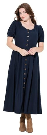 Ulla Popken Damen große Größen Übergrößen Plus Size Maxikleid, Smokeinsätze, Rundhals, Halbarm, Leinenmix Marine 50+ 837420130-50+
