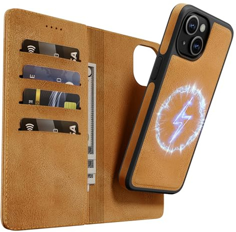 OASISBLUE iPhone 15 Plus Hülle,[2 in 1 Magnetisch Abnehmbar] Kabelloses Laden Kompatibel Stoßfest Schutzhülle Lederhülle Klapphülle Handyhülle für iPhone 15 Plus - braun