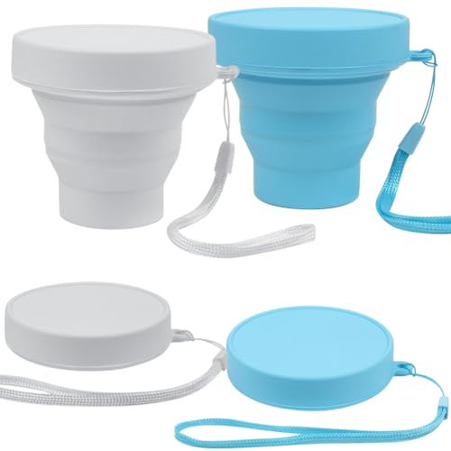 YUFETY 2 Pack Silicone Collapsible Cups BPA Free Portable Folding Cups with Sealing Lid Reusable Foldable Travel Mugs for Camping, Hiking, Picnic - White and Light Blue