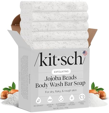 Kitsch Jojoba Beads Exfoliating Body Wash Bar w/Shea Butter & Aloe – 113g | Nourishing Bar Soap for Dry, Flaky Skin – Soap Bar & Body Scrub for Smooth, Refreshed Skin – Rosemary & Cedarwood Scent