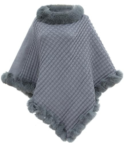 Generisch Schal Strick Kinder Cape Coat With Collar And Trim Winter Warm Knitted Stole Shawl For Women Säule Mit Rost (Grey, One Size)