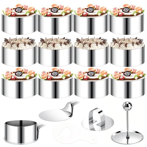 VINATO 12-teiliges Set Edelstahl-Servierring mit 4 Deckeln und 4 Böden - 16 Dekor-Schablonen - Ø 8 cm runde Mousse-Ringe Backformen für Kekse, Donuts und Torten